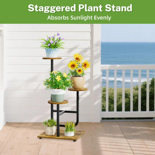 iDavosic.ly 3 Tier Plant Stand Indoor, Corner Tiered Multiple Flower Holder Shelf with Wooden Trays, Orchid Display Metal Rack for Patio Porch Living Room Balcony Outdoor, Modern Black & Rustic Brown