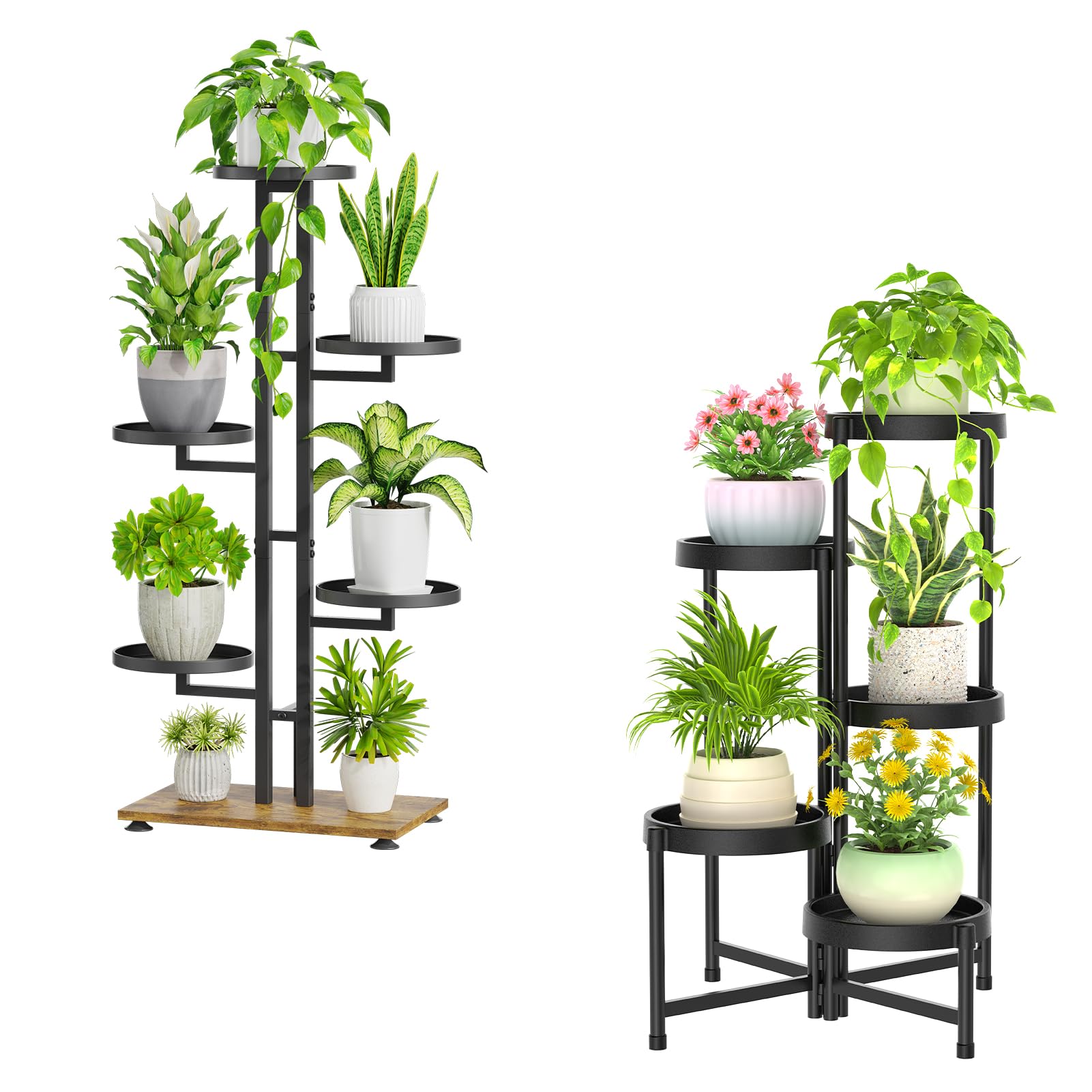 iDavosic.ly 2 Pack Plant Stand Indoor Outdoor, 6 Tier Metal Tall Corner Shelf and 5 Layer Foldable Plastic Flower Pot Display Holder Rack for Patio Living Room Garden Balcony Bedroom, Black