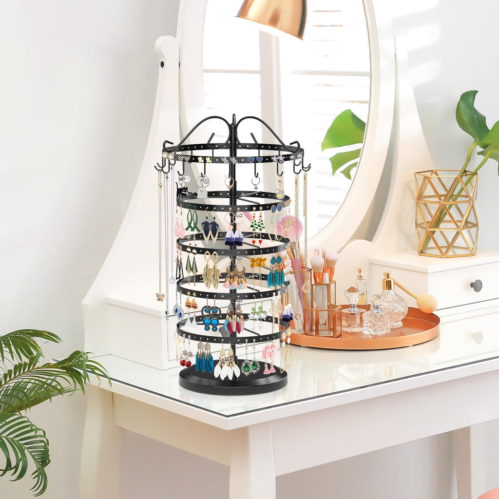 iDavosic.ly 5 Tier Earring Holder Organizer, Rotating Earring Holder Stand with 17 Hooks, Metal Adjustable Large Earring Tree Necklace Display Rack (Black)