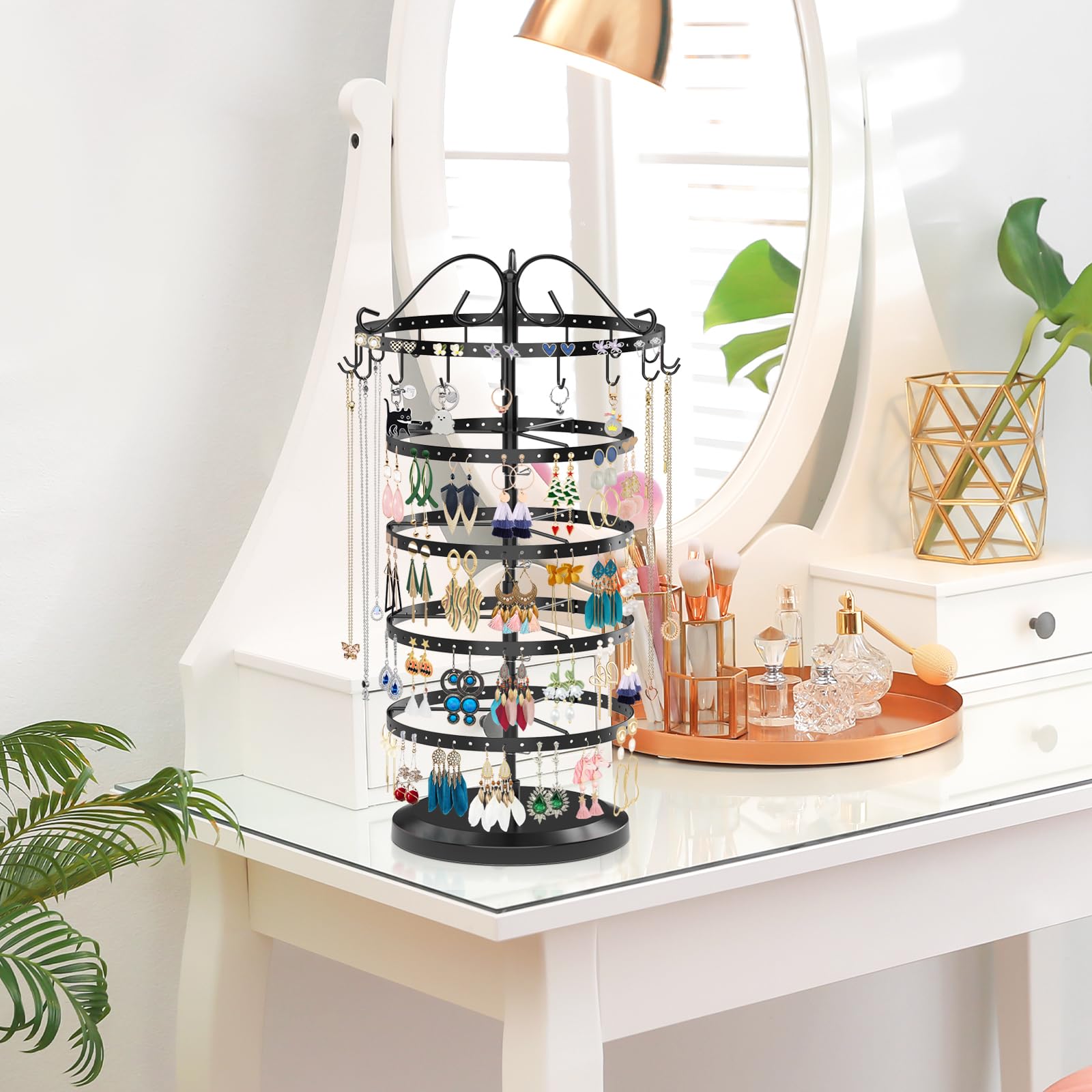 iDavosic.ly 5 Tier Earring Holder Organizer, Rotating Earring Holder Stand with 17 Hooks, Metal Adjustable Large Earring Tree Necklace Display Rack (Black)