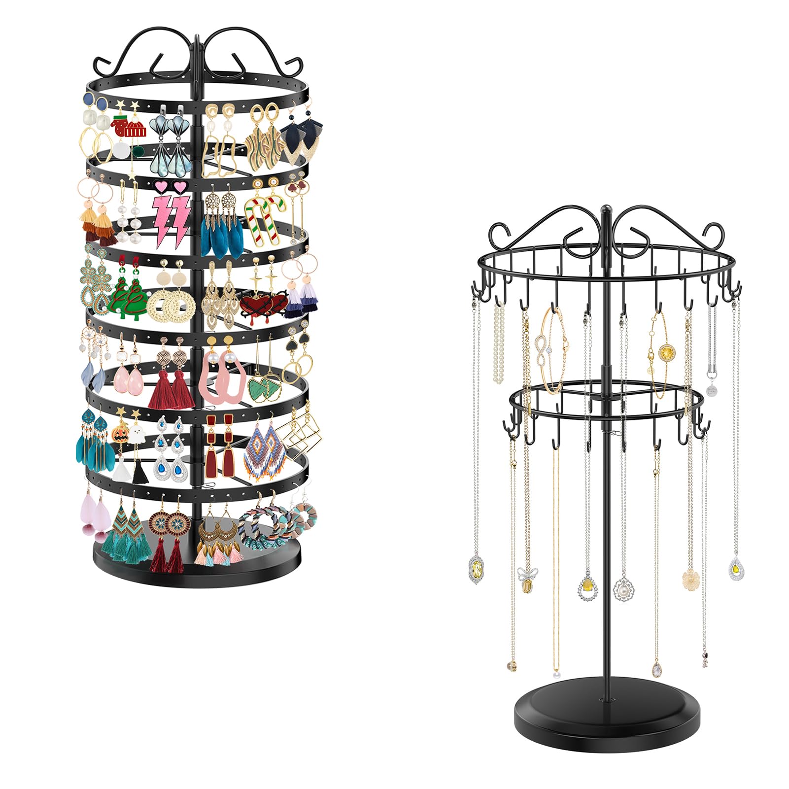 iDavosic.ly 6 Tier Metal Rotating Earring Holder Organizer and 2 Layer Adjustable Necklace Display Stand Rack, Spinning Bracelet Keychain Tree Tower for Women