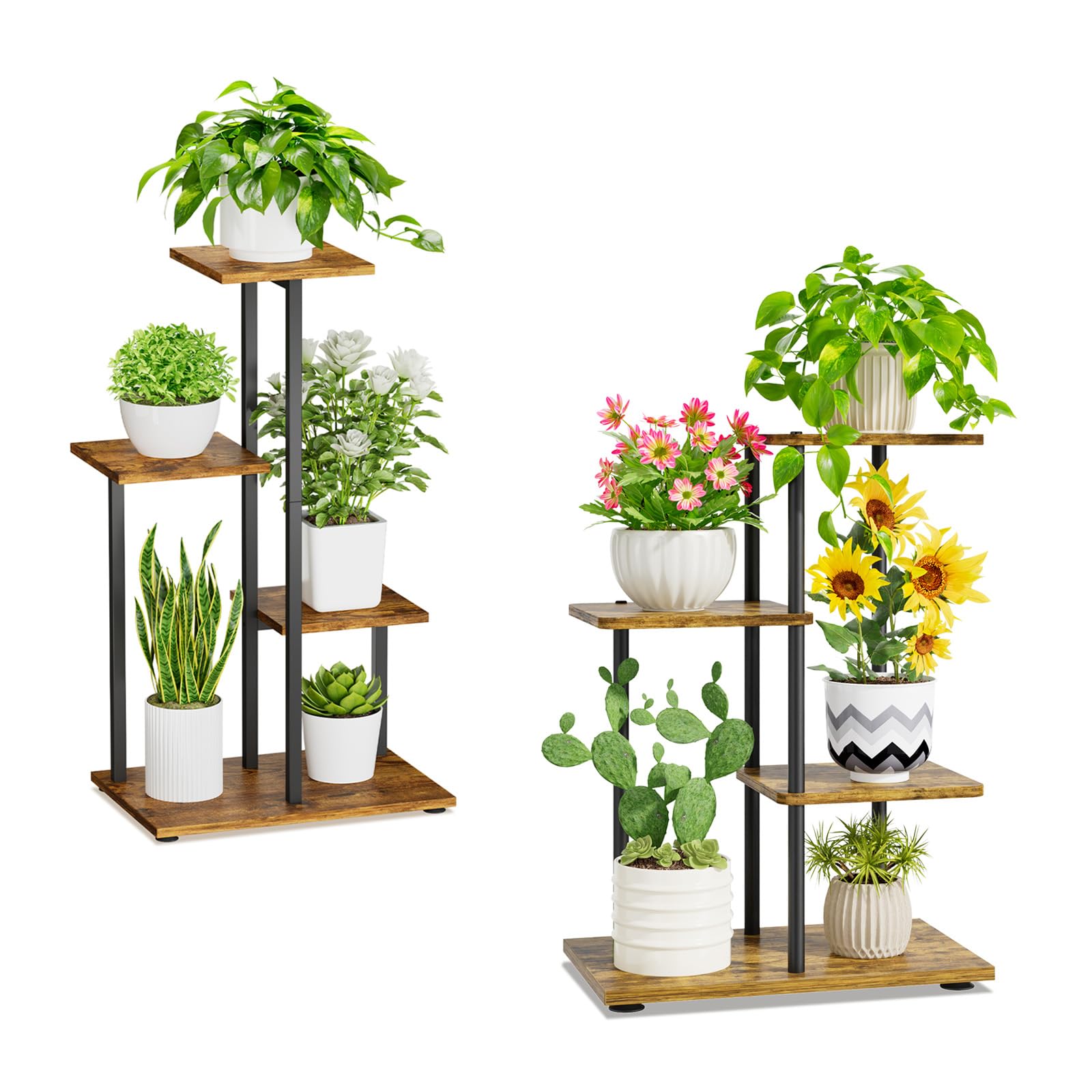 iDavosic.ly Metal Wood Plant Stand Indoor Outdoor Set of 2, 4 Tier Corner Flower Holder Shelf and 3 Layer Tall Orchid Pot Display Rack for Patio Porch Living Room Balcony, Modern Black & Rustic Brown