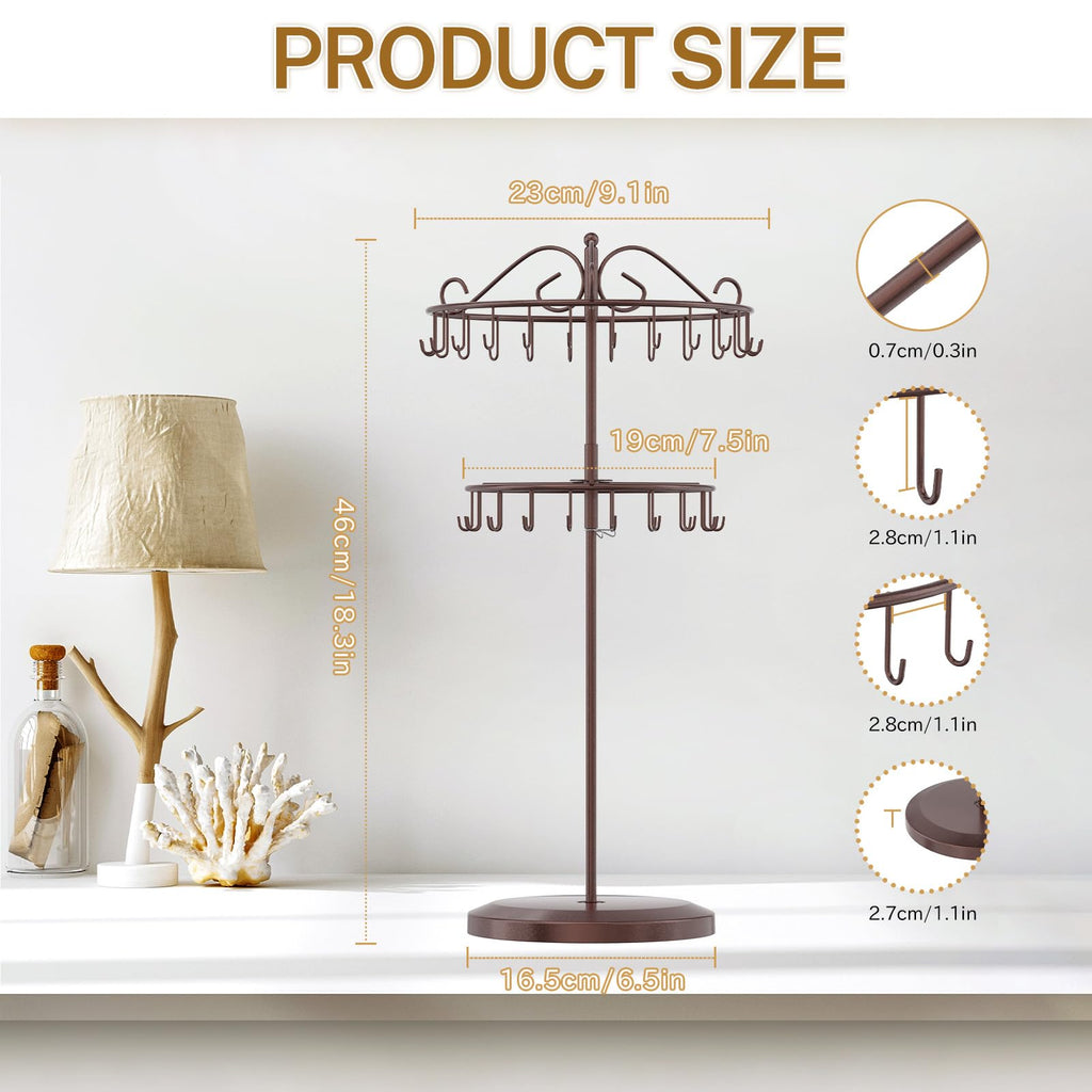 iDavosic.ly 2 Tier Rotating Necklace Holder Organizer with 42 Hooks, Adjustable Metal Bracelet Display Stand Rack, Extra Tall Keychain Spinning Tree Tower for Women, Espresso Brown