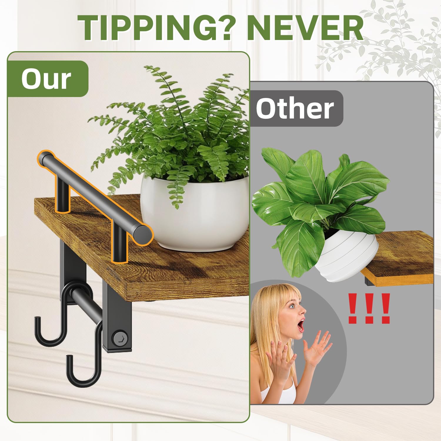 iDavosic.ly Wall Plant Holder Set of 3, 2-Tier Floating Shelves with Hooks, Metal Display Stand for Indoor Outdoor, Picture Frames, Living Room Decor, Space Saving (Pots/Chains/Plants Not Included)