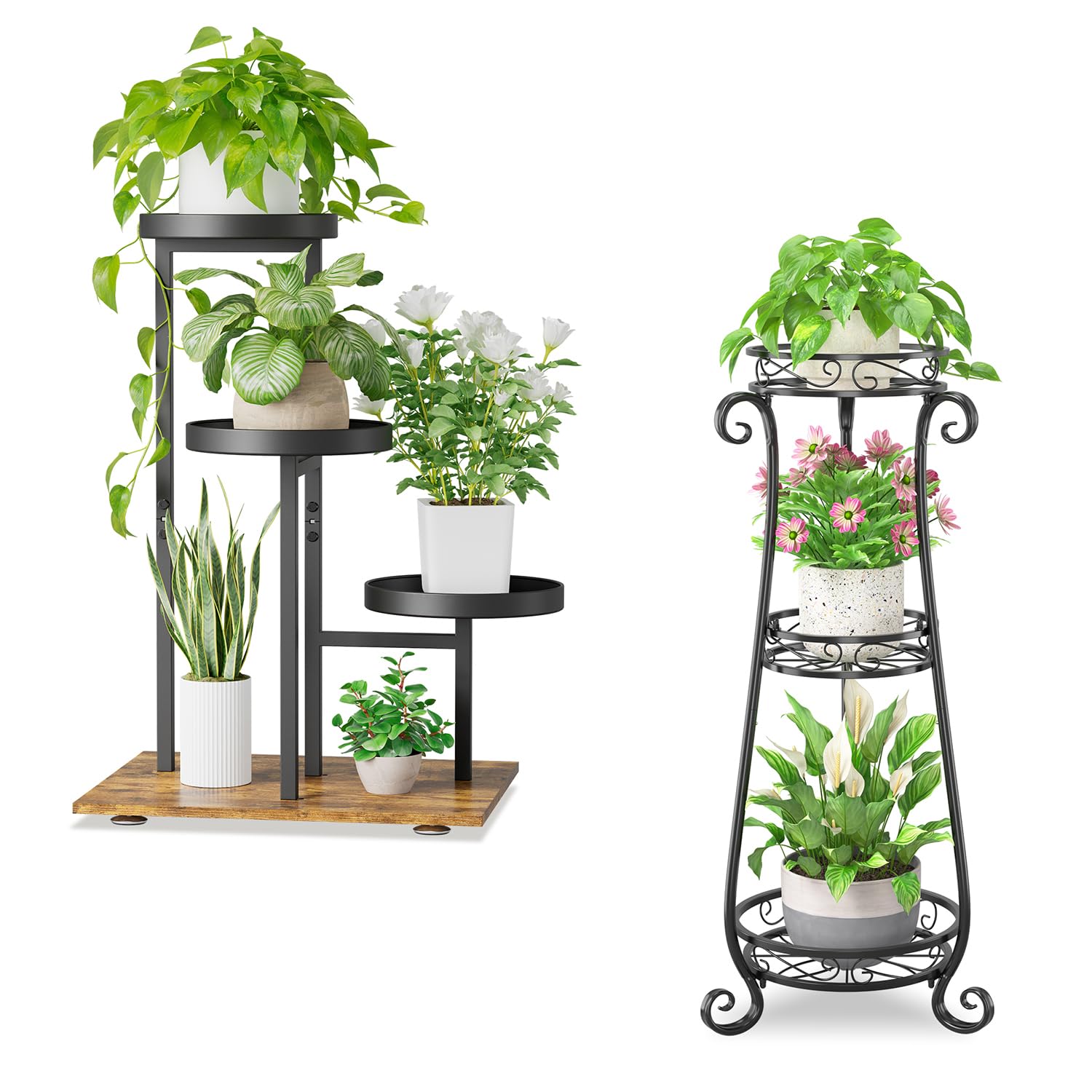 iDavosic.ly Plant Stand Indoor Outdoor Set of 2, 3 Tiered Corner Flower Holder Shelf and 3 Layer Metal Tall Vertical Display Rack for Patio Porch Garden Balcony Office Living Room, Modern Black & Rust