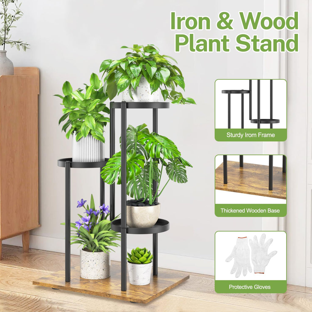 iDavosic.ly 3 Tier Plant Stand Indoor Outdoor Set of 2, Metal Wood Corner Flower Pot Holder Shelf and 25 Inch Tall Orchid Display Rack for Patio Porch Living Room Balcony, Modern Black & Rustic Brown