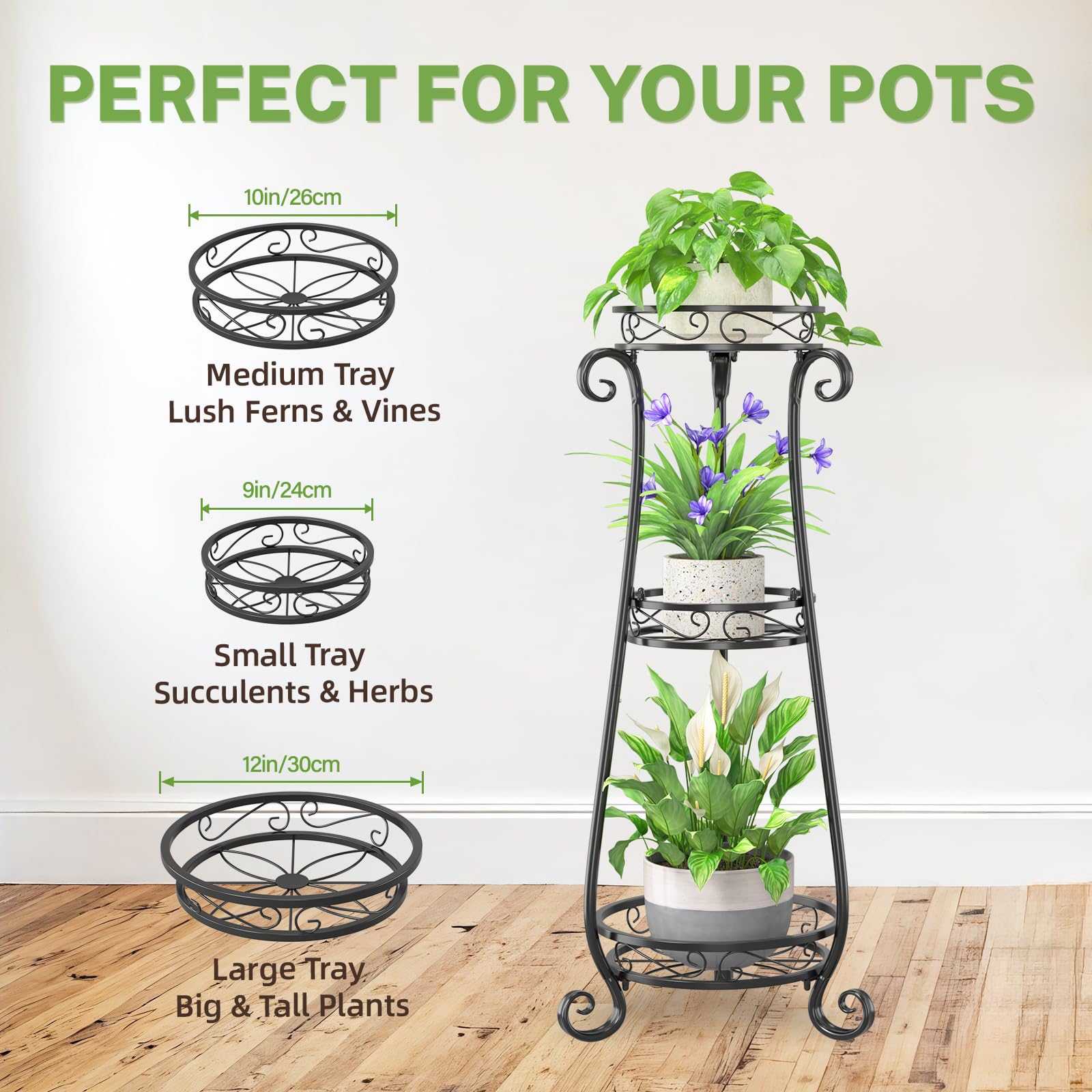 iDavosic.ly Metal Plant Stand for Indoor Outdoor Set of 2, 4 Tier Large Corner Folding Flower Pot Holder Shelf and 3 Layer Tall Vertical Display Rack for Patio Porch Living Room Garden, Black
