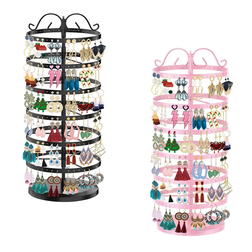 iDavosic.ly 6 Tier Metal Rotating Earring Holder Organizer 2 Pack, 264 Holes Large Stud Storage Display Stands Tree Rack, Adjustable Pierced Hoop Dangle Tower for Women, Black and Pink