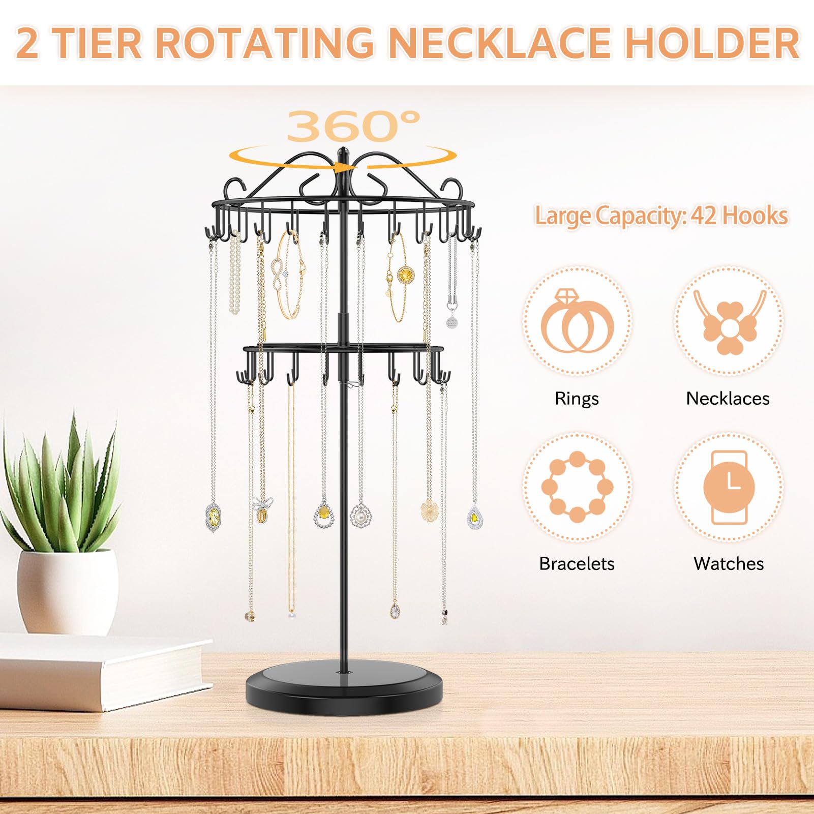 iDavosic.ly 2 Tier Rotating Necklace Holder Organizer with 42 Hooks, Adjustable Metal Bracelet Display Stand Rack, Extra Tall Keychain Spinning Tree Tower for Women, Black