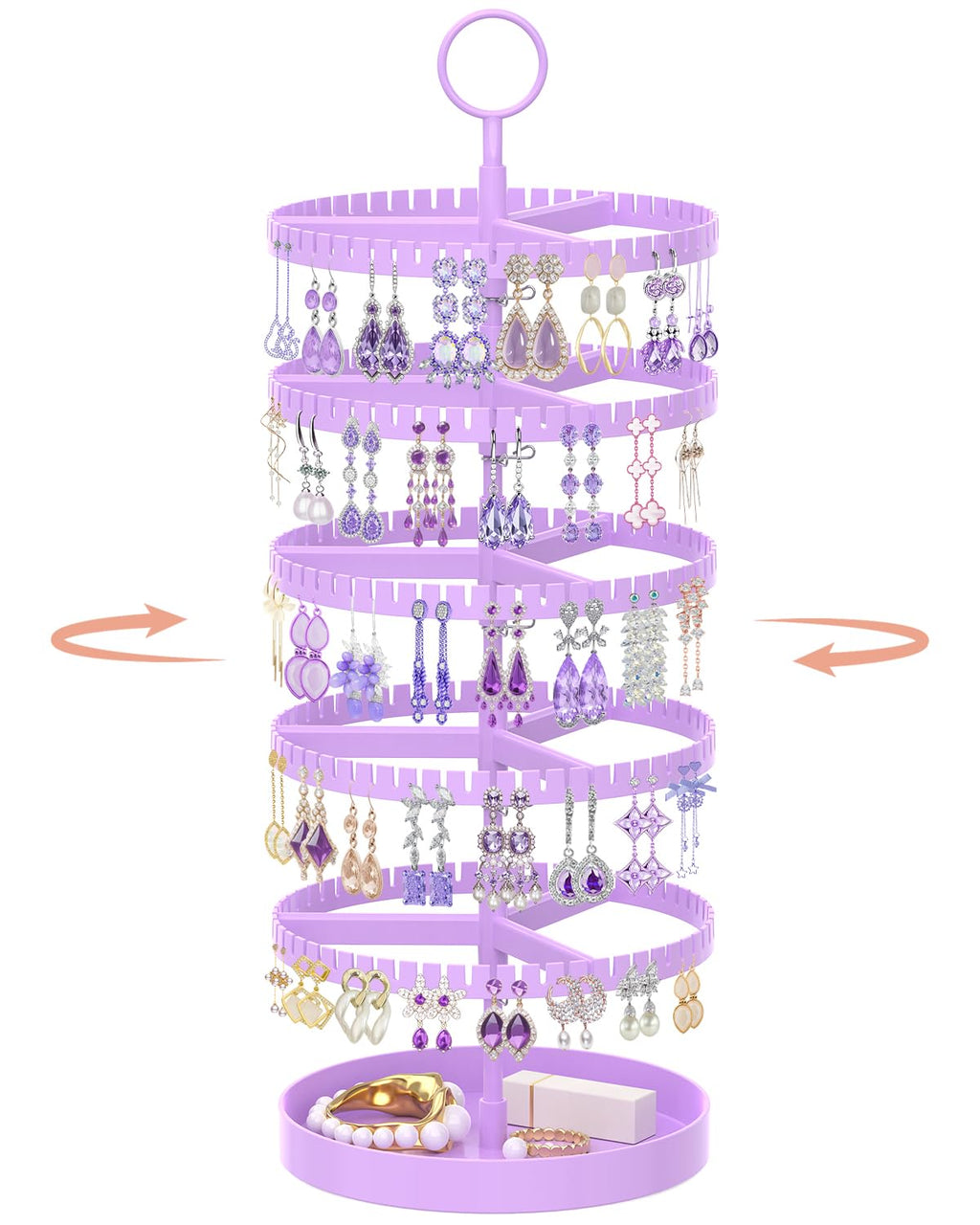 iDavosic.ly 5 Tier Rotating Earring Holder Organizer with Metal Tray, Adjustable Plastic Dangle Display Stands Tree with 285 Grooves, Large Hoop Storage Rack Tower, Purple