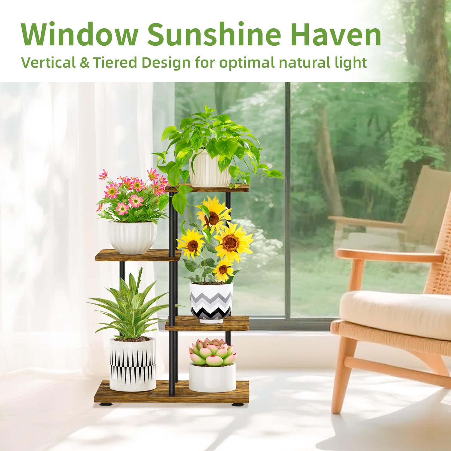 iDavosic.ly Metal Wood Plant Stand Indoor Outdoor Set of 2, 4 Tier Corner Flower Holder Shelf and 3 Layer Tall Orchid Pot Display Rack for Patio Porch Living Room Balcony, Modern Black & Rustic Brown