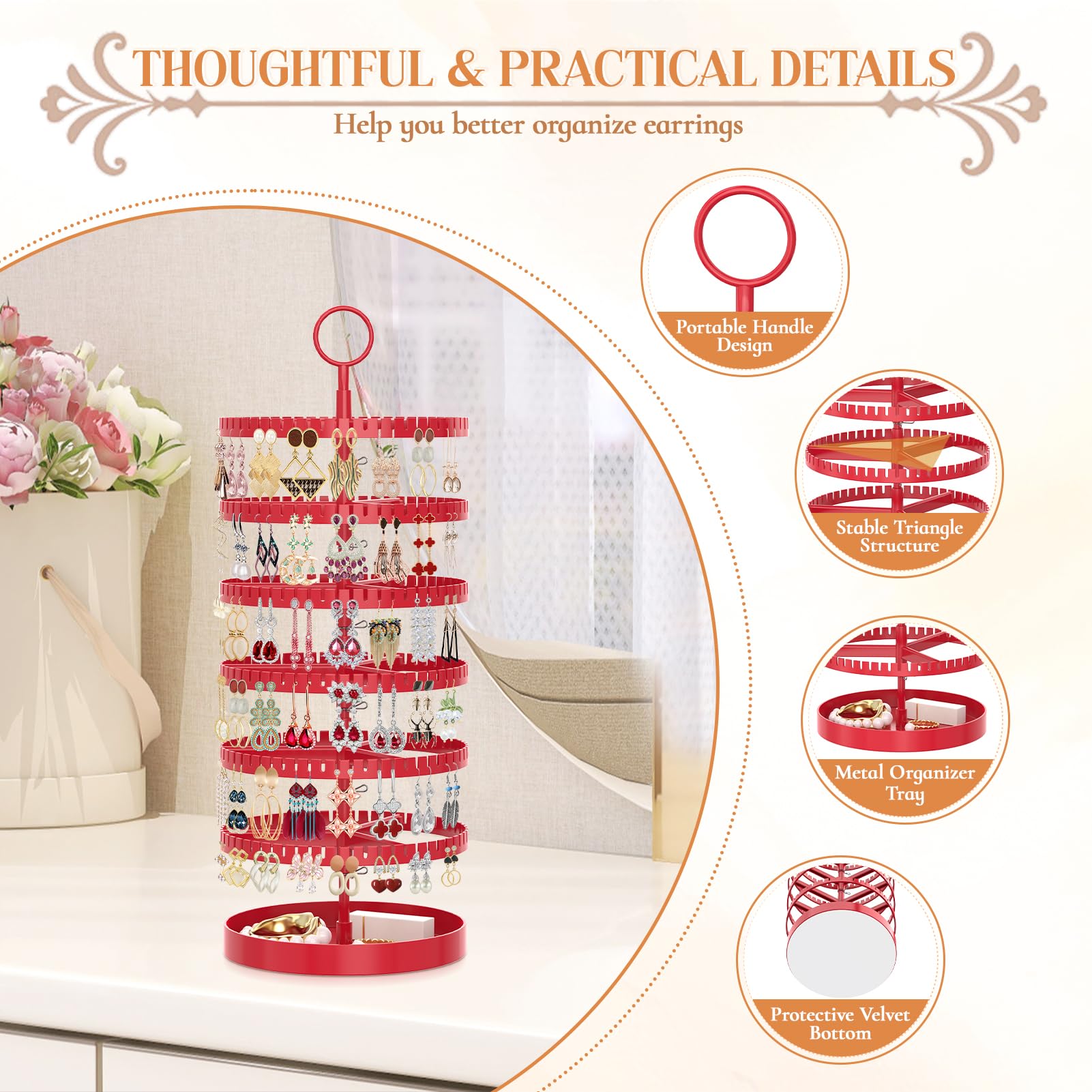 iDavosic.ly 6 Tier Rotating Earring Holder Organizer with Metal Tray, Adjustable Plastic Dangle Display Stands Tree with 342 Grooves, Large Hoop Storage Rack Tower, Red