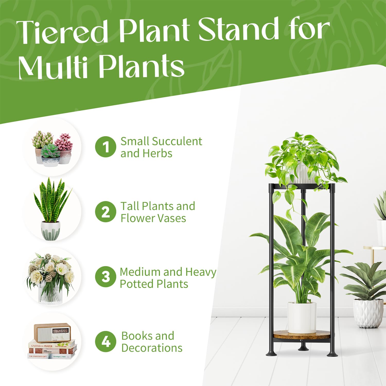 iDavosic.ly 2 Tier Corner Plant Stand Indoor, 30 Inch Tall Vertical Metal Flower Heavy Duty Pot Holder Shelf Outdoor for Patio Porch Living Room, Modern Black & Rustic Brown - Round