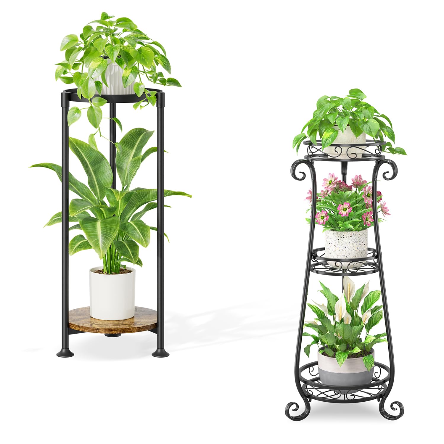 iDavosic.ly Metal Plant Stand Indoor Outdoor Set of 2, 3 Tiered Corner Flower Holder Shelf and 2 Layer Tall Vertical Heavy Duty Display Rack for Patio Porch Living Room, Modern Black & Rustic Brown