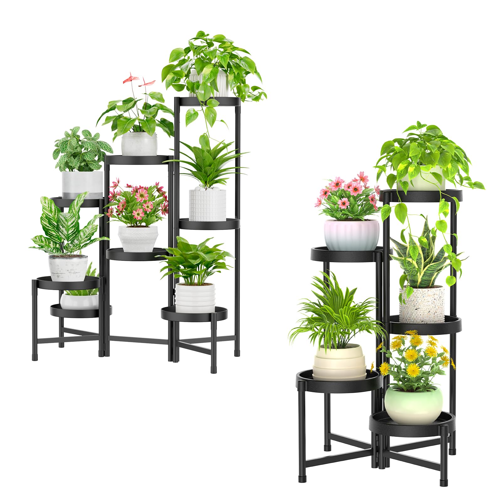 iDavosic.ly 2 Pack Black Foldable Plant Stand Indoor Outdoor, 8 Tier Corner Flower Pot Holders and 5 Layer Metal Plastic Tall Orchid Display Rack for Window Porch Garden Balcony Patio