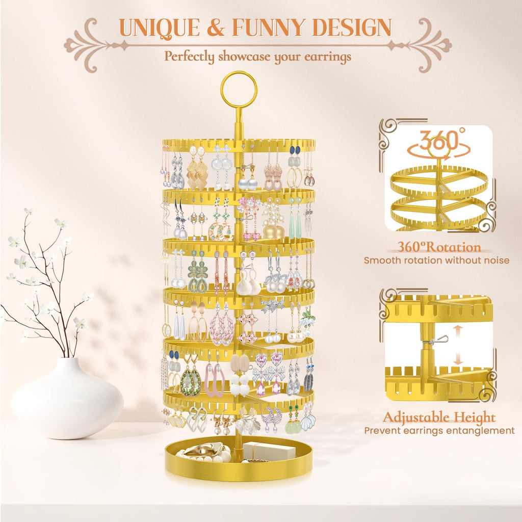 iDavosic.ly 6 Tier Rotating Earring Holder Organizer with Metal Tray, Adjustable Plastic Dangle Display Stands Tree with 342 Grooves, Large Hoop Storage Rack Tower, Gold