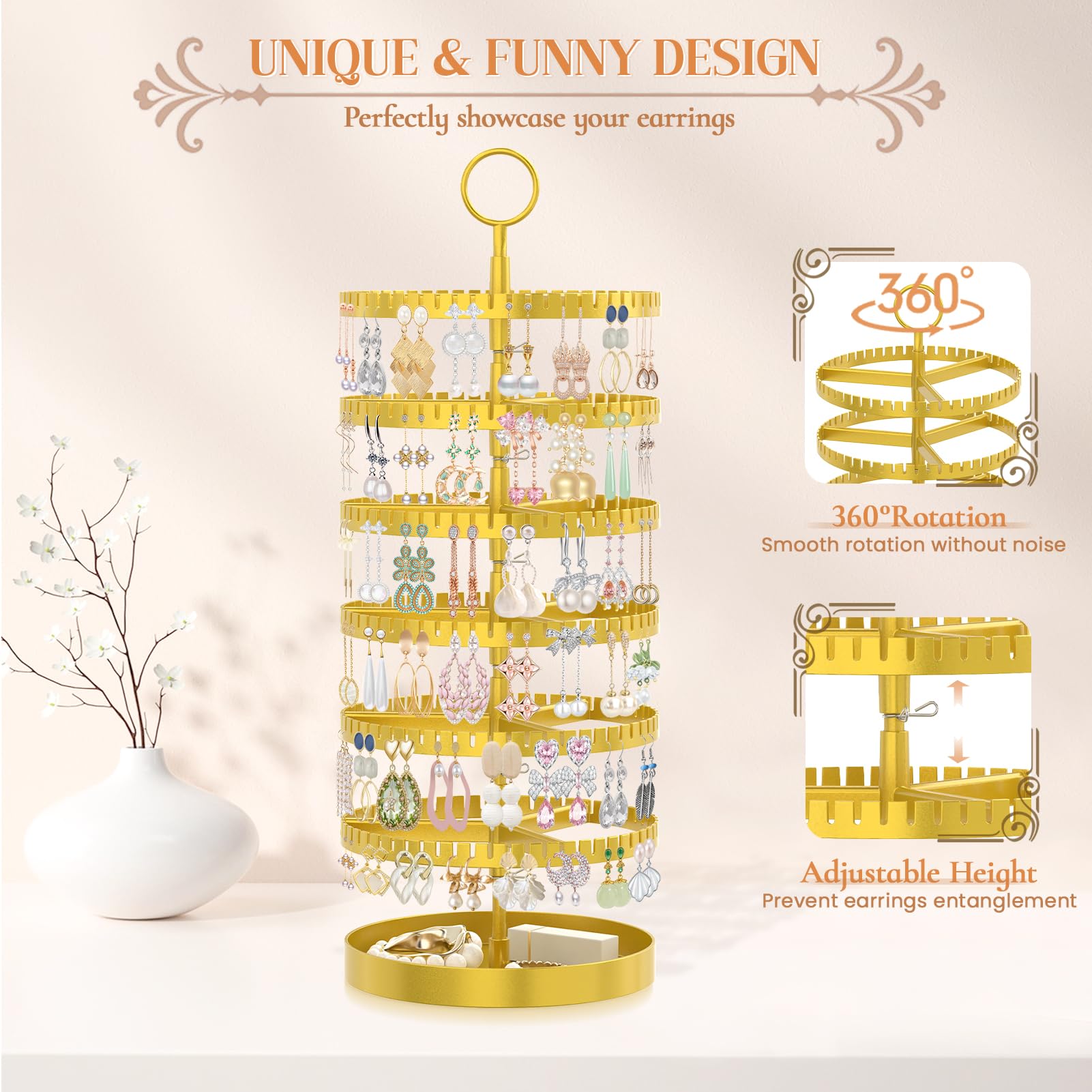 iDavosic.ly 6 Tier Rotating Earring Holder Organizer with Metal Tray, Adjustable Plastic Dangle Display Stands Tree with 342 Grooves, Large Hoop Storage Rack Tower, Gold