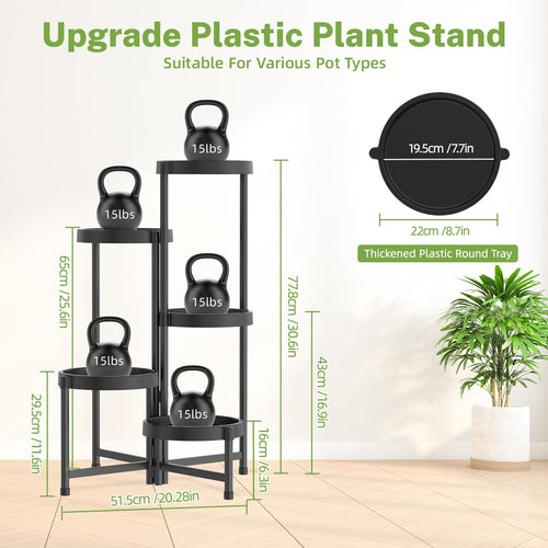iDavosic.ly 2 Pack Black 5 Tier Plant Stand Indoor Outdoor, Tall Corner Shelf and Foldable Metal Plastic Flower Pot Display Holder Rack for Patio Living Room Garden Balcony Bedroom