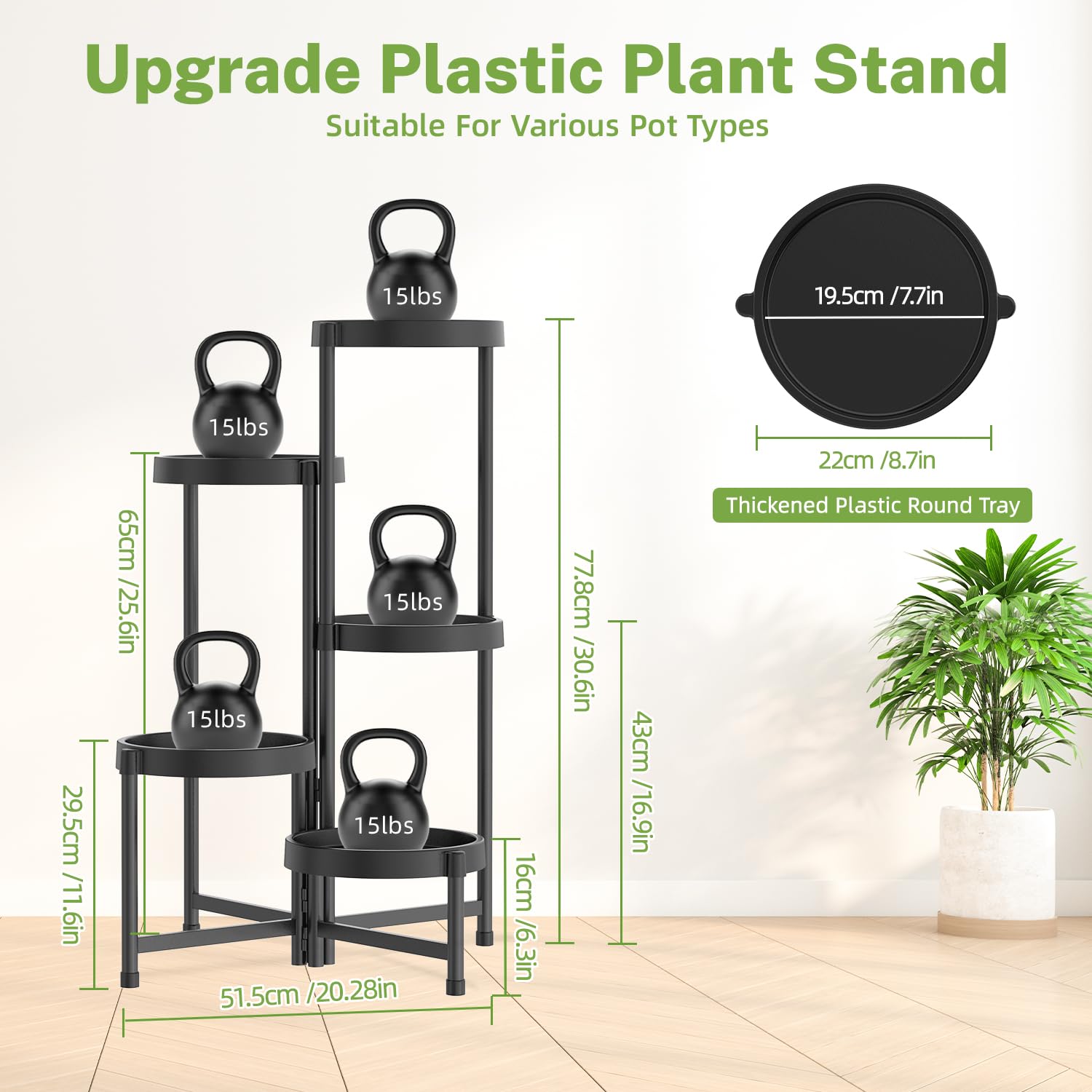 iDavosic.ly 2 Pack 5 Tier Metal Plant Stand Indoor Outdoor, 33 Inch Tall Flower Pot Holder Shelf with Wheels and Foldable Corner Plastic Orchid Display Rack for Patio Garden Window Balcony, Black