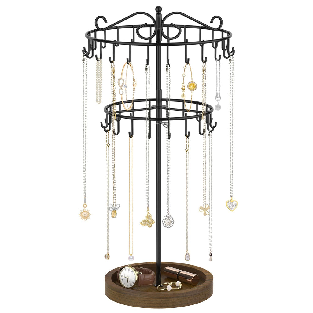 iDavosic.ly 2 Tier Rotating Necklace Holder Organizer with Wooden Jewelry Tray, Adjustable Metal Bracelet Display Stand with 42 Hooks, Extra Tall Keychain Spinning Tree Tower for Women, Black