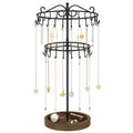 iDavosic.ly 2 Tier Rotating Necklace Holder Organizer with Wooden Jewelry Tray, Adjustable Metal Bracelet Display Stand with 42 Hooks, Extra Tall Keychain Spinning Tree Tower for Women, Black