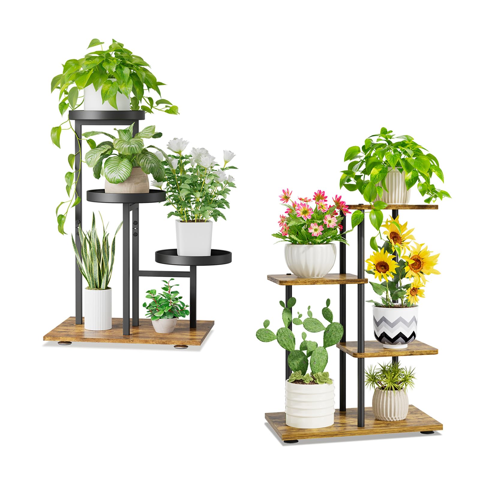 iDavosic.ly Plant Stand Indoor Outdoor Set of 2，3 Tiered Corner Flower Holder Shelf and 3 Layer Metal Wood Multiple Orchid Display Rack for Patio Porch Living Room Balcony Outdoor