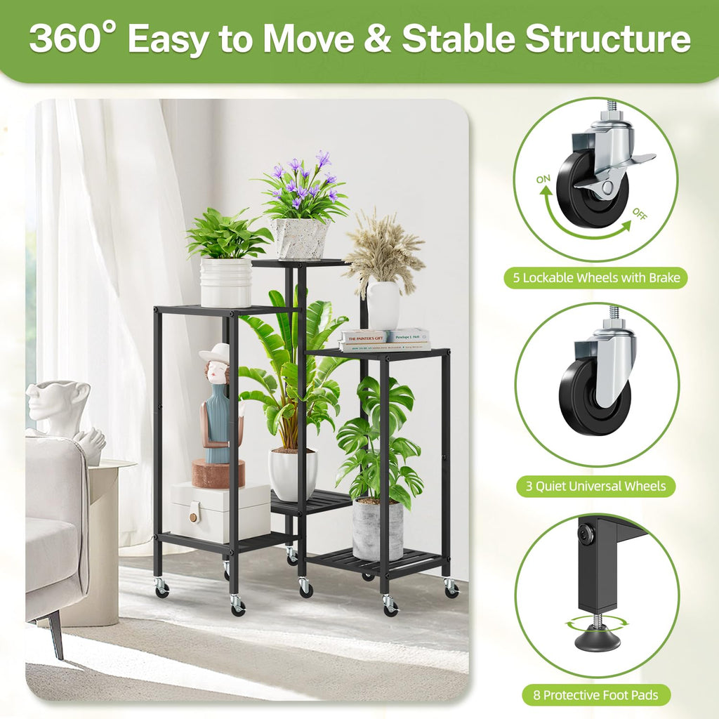 iDavosic.ly 2 Pack Plant Stand Indoor Outdoor, 6 Tier 11 Inch Wide Flower Pot Holder Shelf with Wheels and 5 Layer Foldable Metal Plastic Orchid Display Rack for Patio Garden Window Balcony, Black