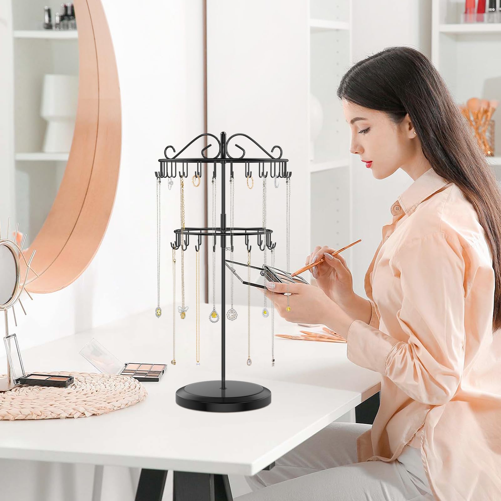 iDavosic.ly 2 Tier Metal Rotating Necklace Holder Organizer and 5 Layer Plastic Adjustable Earring Display Stand Rack, Extra Tall Bracelet Keychain Spinning Tree Tower for Women, Black