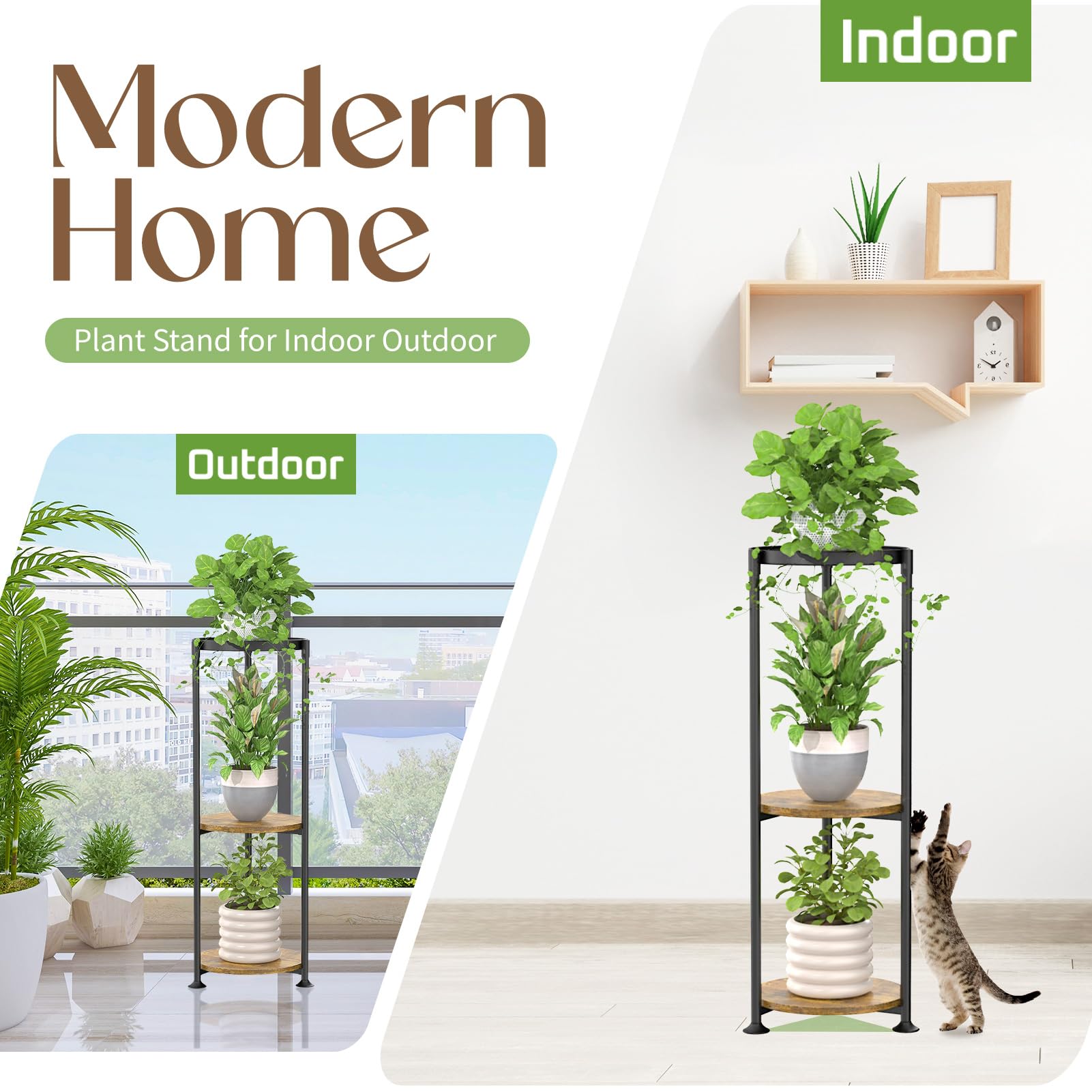 iDavosic.ly Metal Plant Stand Indoor Outdoor Set of 2, Tiered Corner Flower Holder Shelf and 3 Layer Tall Vertical Heavy Duty Display Rack for Patio Porch Living Room, Modern Black & Rustic Brown