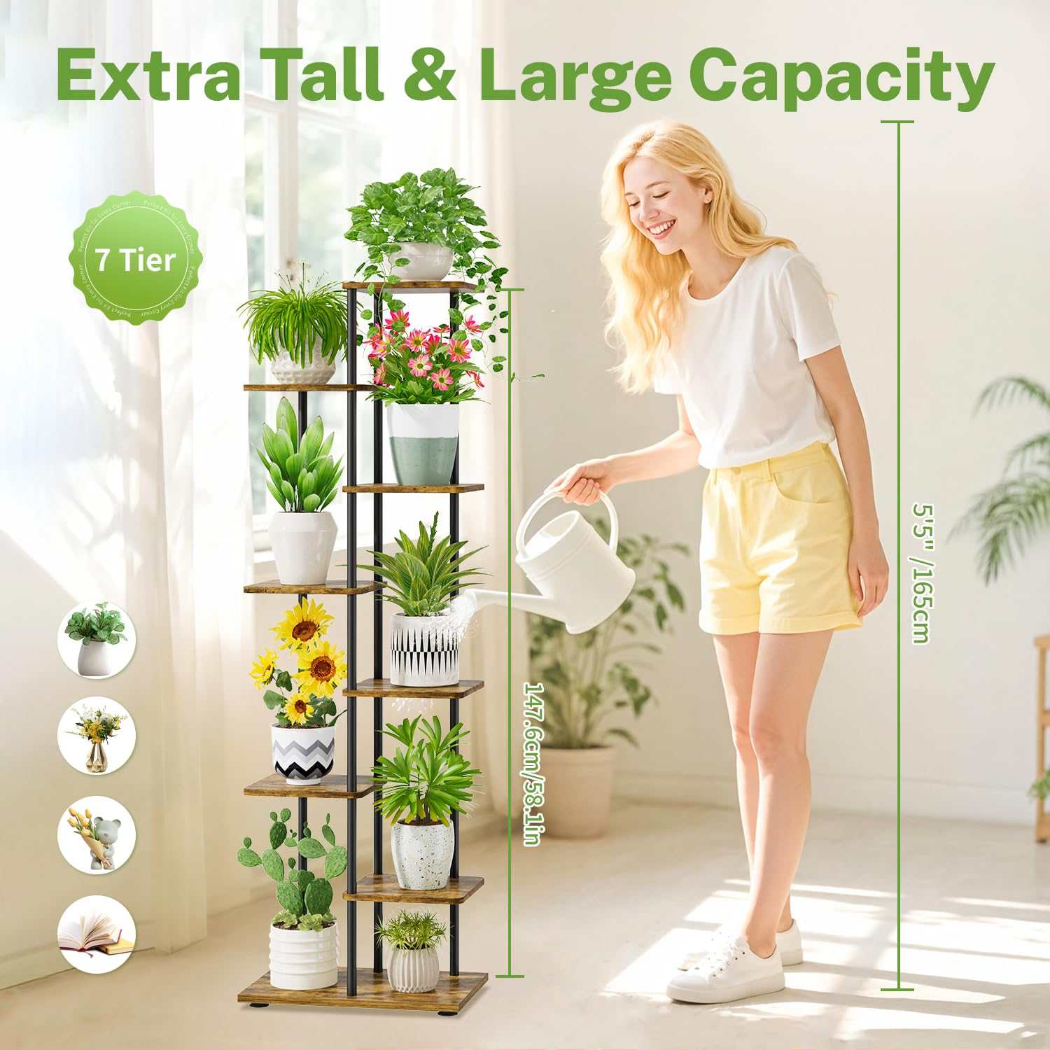 iDavosic.ly 7 Tier Plant Stand Indoor Outdoor Set of 2, Metal Wood Corner Flower Pot Holder Shelf and 58 Inch Tall Orchid Display Rack for Patio Porch Living Room Balcony, Modern Black & Rustic Brown