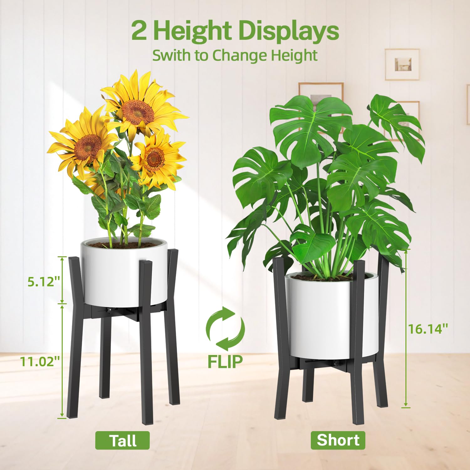 iDavosic.ly Adjustable Plant Pot Stand Indoor Outdoor 2 Pack, Metal Mid Century Modern Bamboo Short Single Flower Holder Fits 8 to 12 Inch Large Heavy Duty Planter (Not Included) | Black