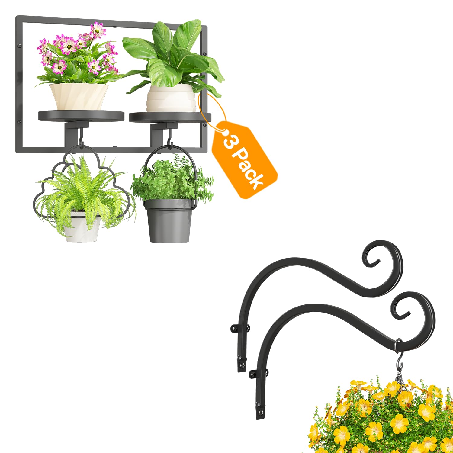 iDavosic.ly Wall Plant Stand Set of 3, Indoor Floating Decor, 11.8 Inch Heavy Duty Plant Hangers, Metal Wall Hooks Brackets for Garden Porch Patio, Space Saving Black (Pots/Chains/Plants Not Included)