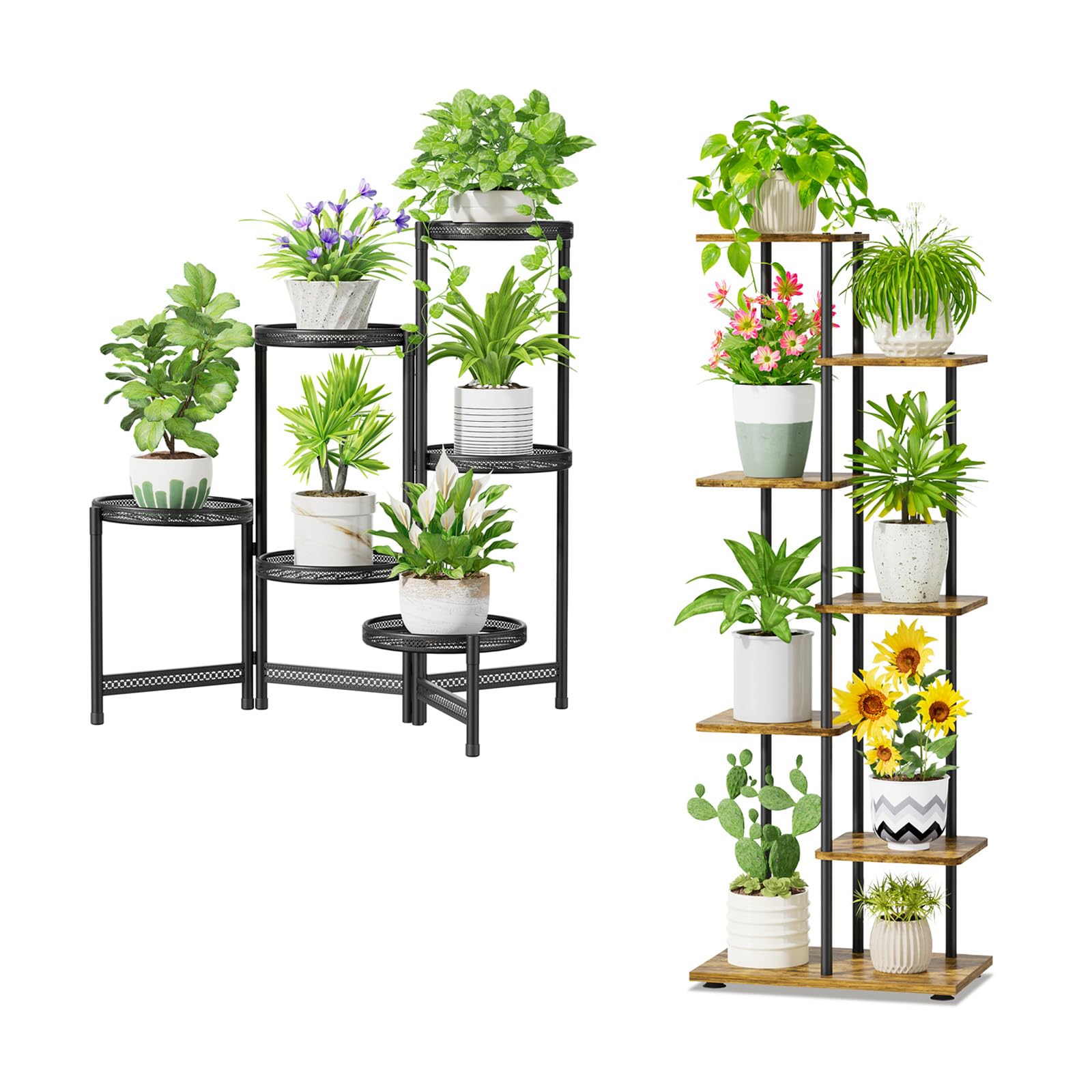 iDavosic.ly 6 Tier Indoor Outdoor Plant Stand Set of 2, Large Foldable Tall Flower Pot Holder Shelf and Metal Wood Corner Multiple Orchid Display Rack for Patio Porch Living Room Garden Balcony, Black