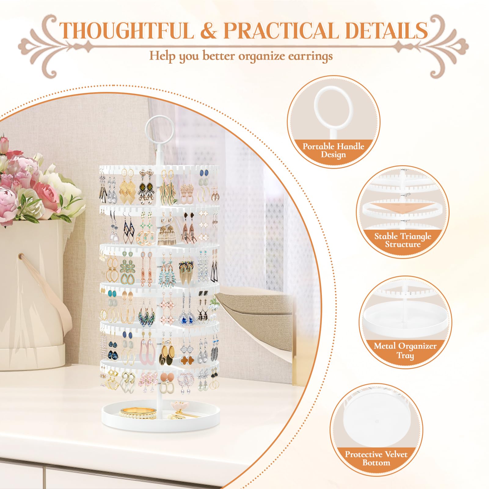 iDavosic.ly 6 Tier Rotating Earring Holder Organizer Set of 2, Metal Large Stud Storage Stand, Adjustable Plastic Dangle Hoop Display Rack Tower with Tray for Women, Pink White