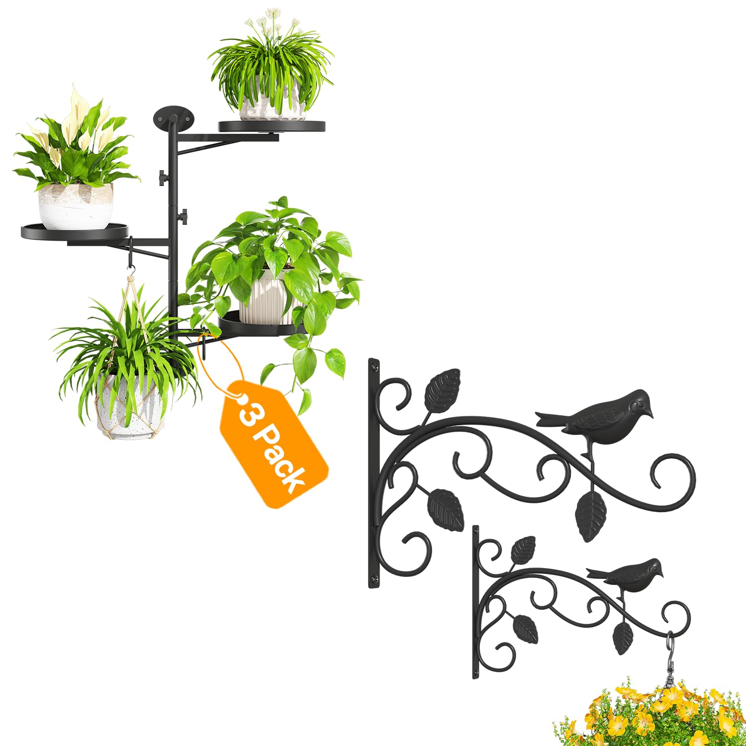 iDavosic.ly Wall Plant Holder Set of 3, 12 Inch Heavy Duty Iron Hooks, Metal Display Stand, Brackets for Hanging Bird Feeders, Indoor Outdoor Garden Patio Decor (Pots/Chains/Plants Not Included)