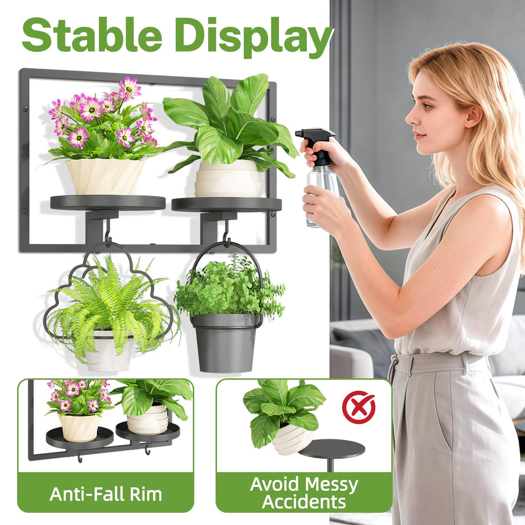 iDavosic.ly Wall Plant Holder Set of 3 with Hooks Trays, Metal Floating Display Stand for Indoor Outdoor, Picture Frames Decor, Space Saving, Easy to Assemble, Black (Pots/Chains/Plants Not Included)