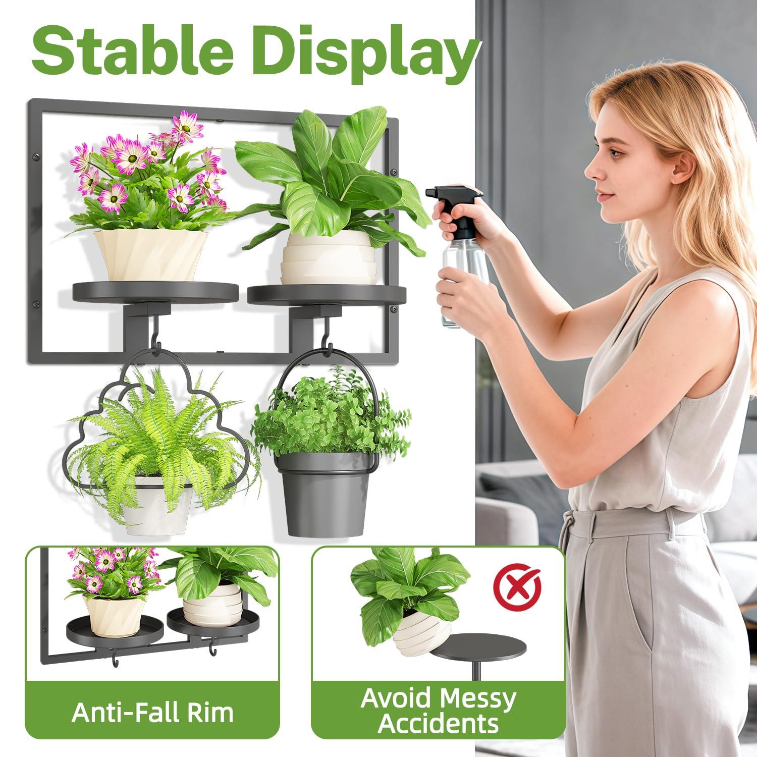 iDavosic.ly Wall Plant Holder Set of 3, 2-Tier Floating Shelves with Hooks, Metal Display Stand for Indoor Outdoor, Picture Frames, Living Room Decor, Space Saving (Pots/Chains/Plants Not Included)