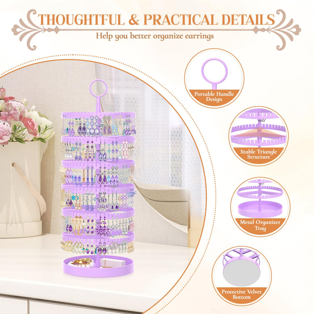iDavosic.ly 6 Tier Rotating Earring Holder Organizer with Metal Tray, Adjustable Plastic Dangle Display Stands Tree with 342 Grooves, Large Hoop Storage Rack Tower, Purple