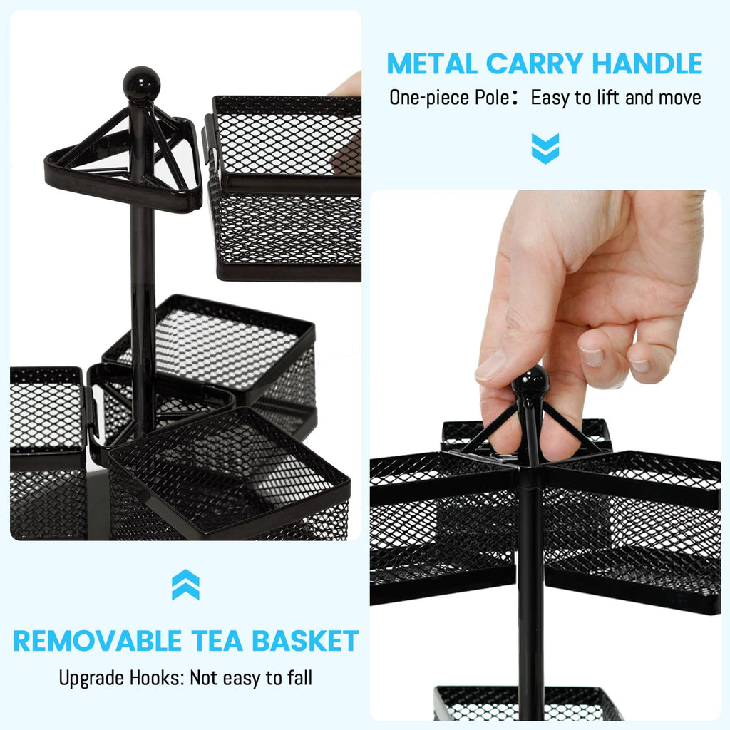 iDavosic.ly 2 Tier Tea Bag Organizer, Packet Storage Holder Spinning Carousel With 6 Compartments, Rotating Metal Caddy for Kitchen Counter Cabinet, Up to 72 Teabags Storage, Black