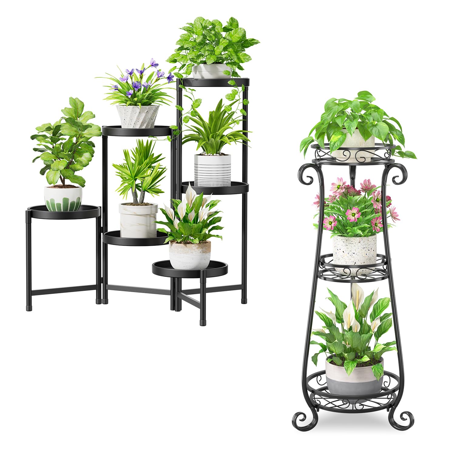 iDavosic.ly Metal Plant Stand for Indoor Outdoor Set of 2, 6 Tier Large Corner Folding Flower Pot Holder Shelf and 3 Layer Tall Vertical Display Rack for Patio Porch Living Room Garden, Black