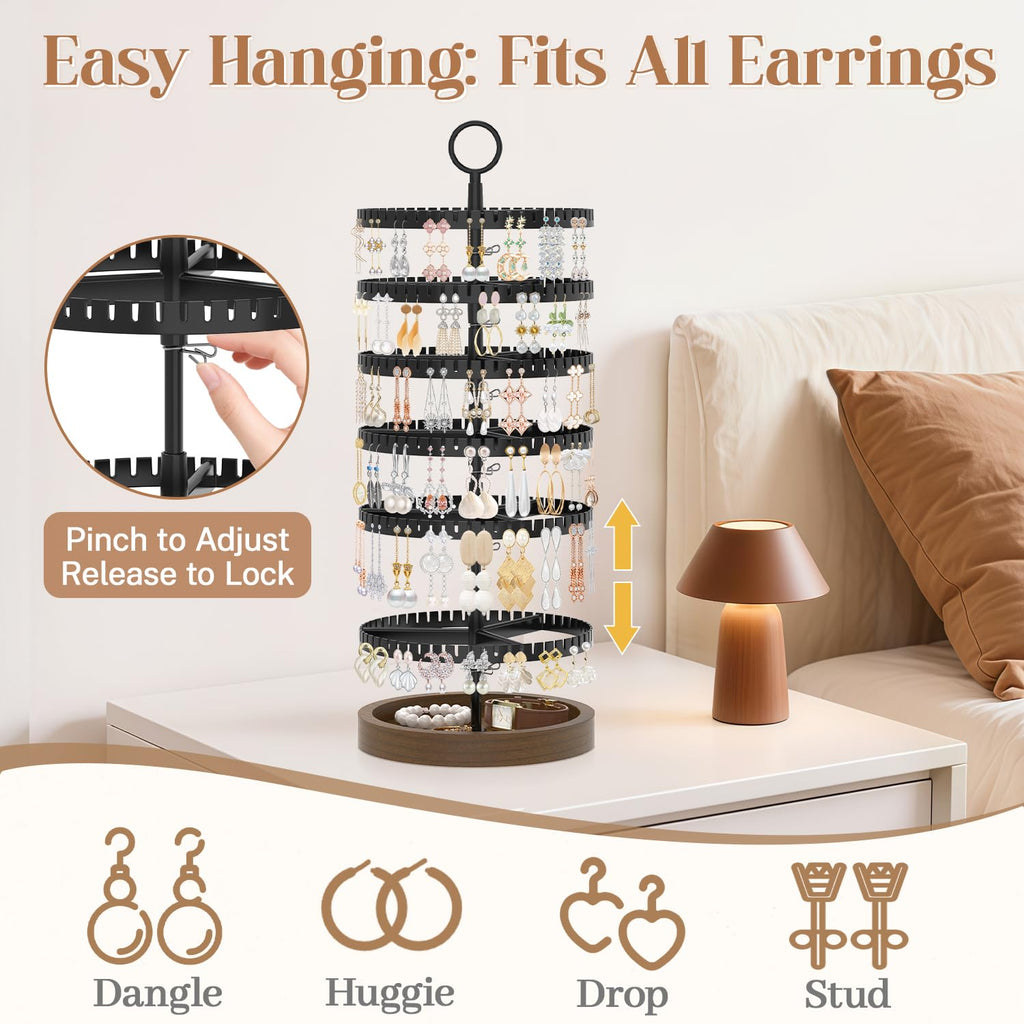 iDavosic.ly Jewelry Organizer Stand Set of 2, Large Dangle Display Stands Tree with 342 Plastic Grooves and Wooden Base and Rotating Necklace Bracelet Holder with 42 Hooks for Women