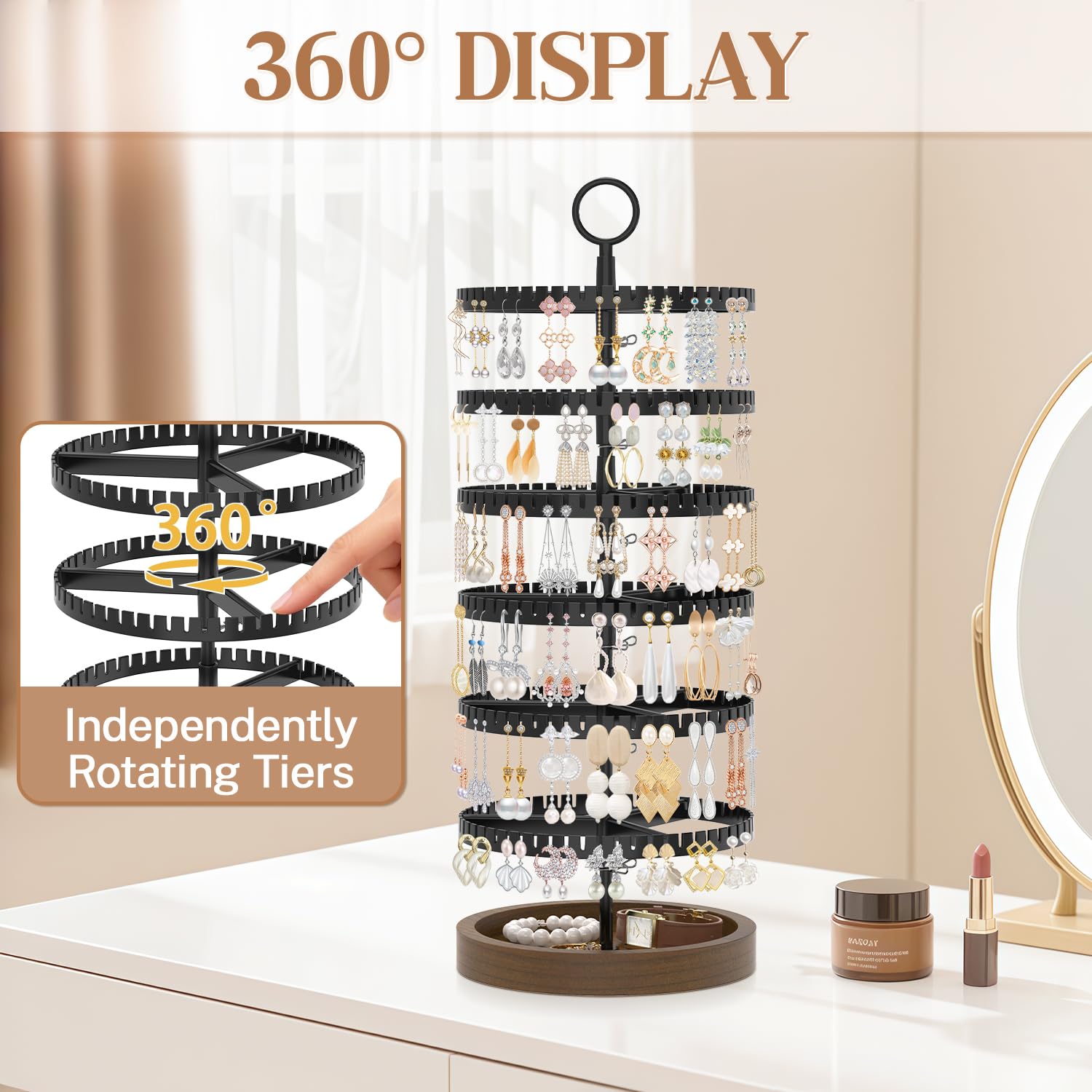 iDavosic.ly 6 Tier Rotating Earring Holder Organizer with Wooden Tray, Large Dangle Display Stands Tree with 342 Plastic Grooves, Adjustable Hoop Storage Rack, Space Saving Tower, Black & Brown