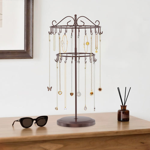 iDavosic.ly 2 Tier Rotating Necklace Holder Organizer with 42 Hooks, Adjustable Metal Bracelet Display Stand Rack, Extra Tall Keychain Spinning Tree Tower for Women, Espresso Brown