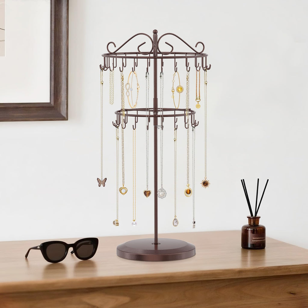 iDavosic.ly 2 Tier Rotating Necklace Holder Organizer with 42 Hooks, Adjustable Metal Bracelet Display Stand Rack, Extra Tall Keychain Spinning Tree Tower for Women, Espresso Brown