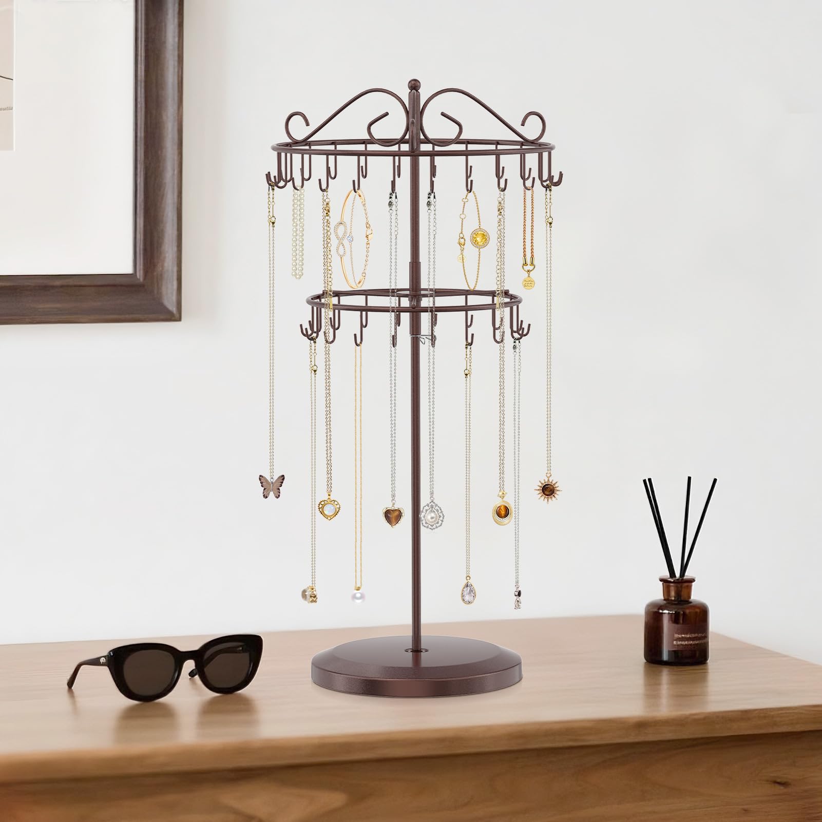 iDavosic.ly 2 Tier Rotating Necklace Holder Organizer with 42 Hooks, Adjustable Metal Bracelet Display Stand Rack, Extra Tall Keychain Spinning Tree Tower for Women, Espresso Brown