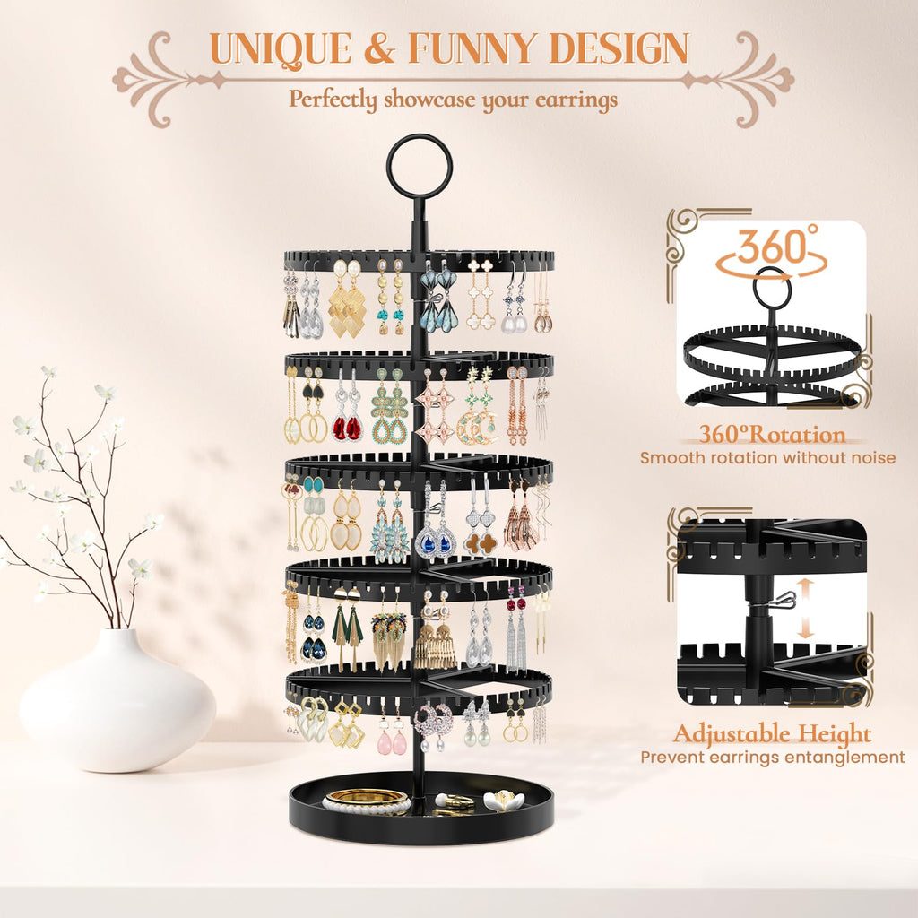 iDavosic.ly 5 Tier Rotating Earring Holder Organizer with Metal Tray, Adjustable Plastic Dangle Display Stands Tree with 285 Grooves, Large Hoop Storage Rack Tower, Black
