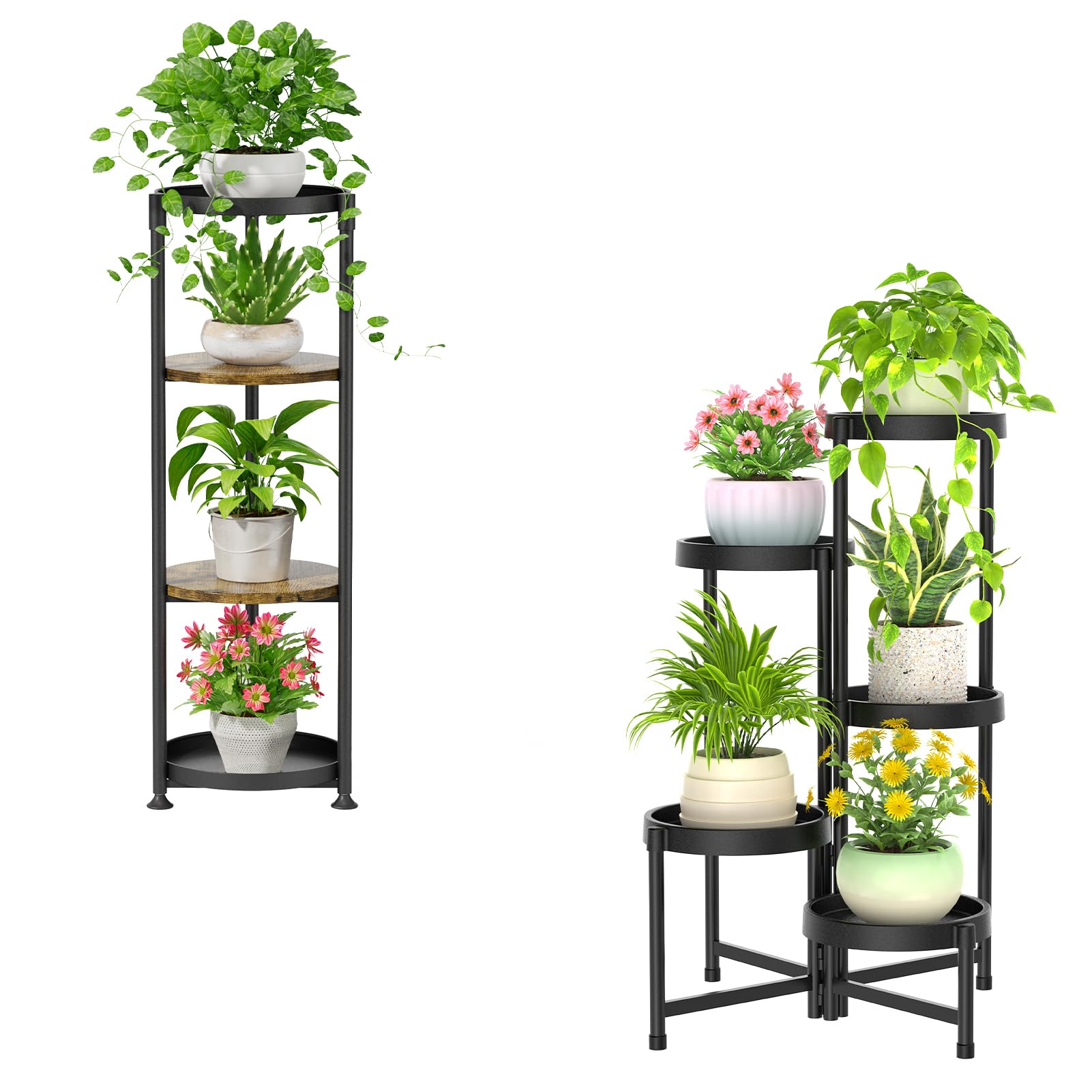 iDavosic.ly Set of 2 Plant Stand for Indoor Outdoor, 4 Tier Large Iron Heavy Duty Flower Display Holder Rack and 5 Layer Metal Plastic Tall Corner Shelf for Balcony Patio Garden Porch, Black