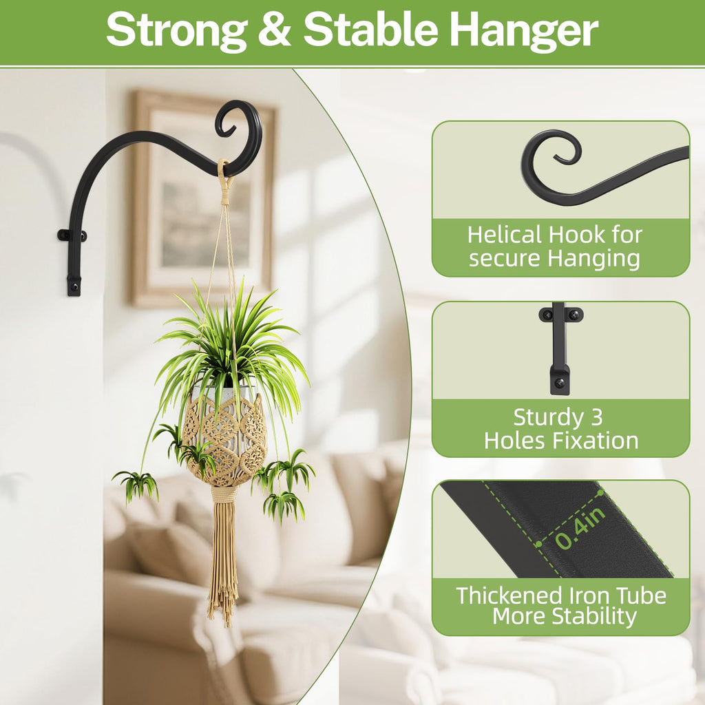 iDavosic.ly Plant Hangers Outdoor 4-Pack, 11.8 Inch Heavy Duty Iron Wall Brackets for Hanging Plants, Baskets, Bird Feeders, Lanterns, Wind Chimes, Indoor Metal Hooks for Garden Porch Patio, Black