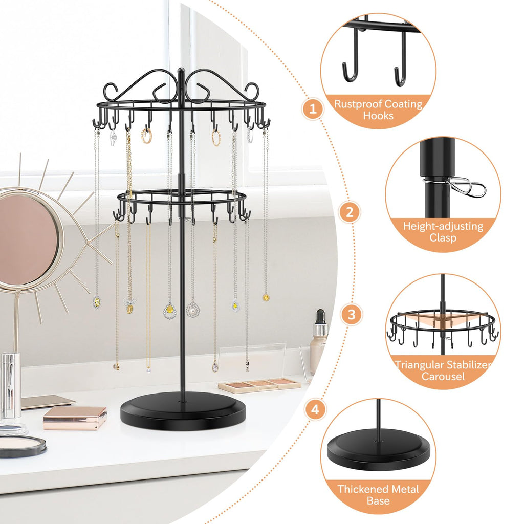 iDavosic.ly 2 Tier Rotating Necklace Holder Organizer with 42 Hooks, Adjustable Metal Bracelet Display Stand Rack, Extra Tall Keychain Spinning Tree Tower for Women, Black
