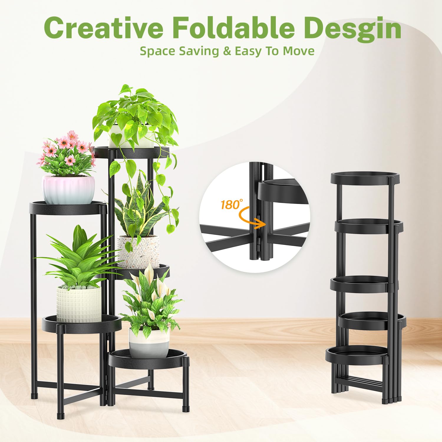 iDavosic.ly 2 Pack 5 Tier Metal Plastic Plant Stand for Indoor Outdoor, Tall Tiered White Flower Holder Shelf and Foldable Corner Black Orchid Display Rack for Living Room Garden Balcony Bedroom Patio